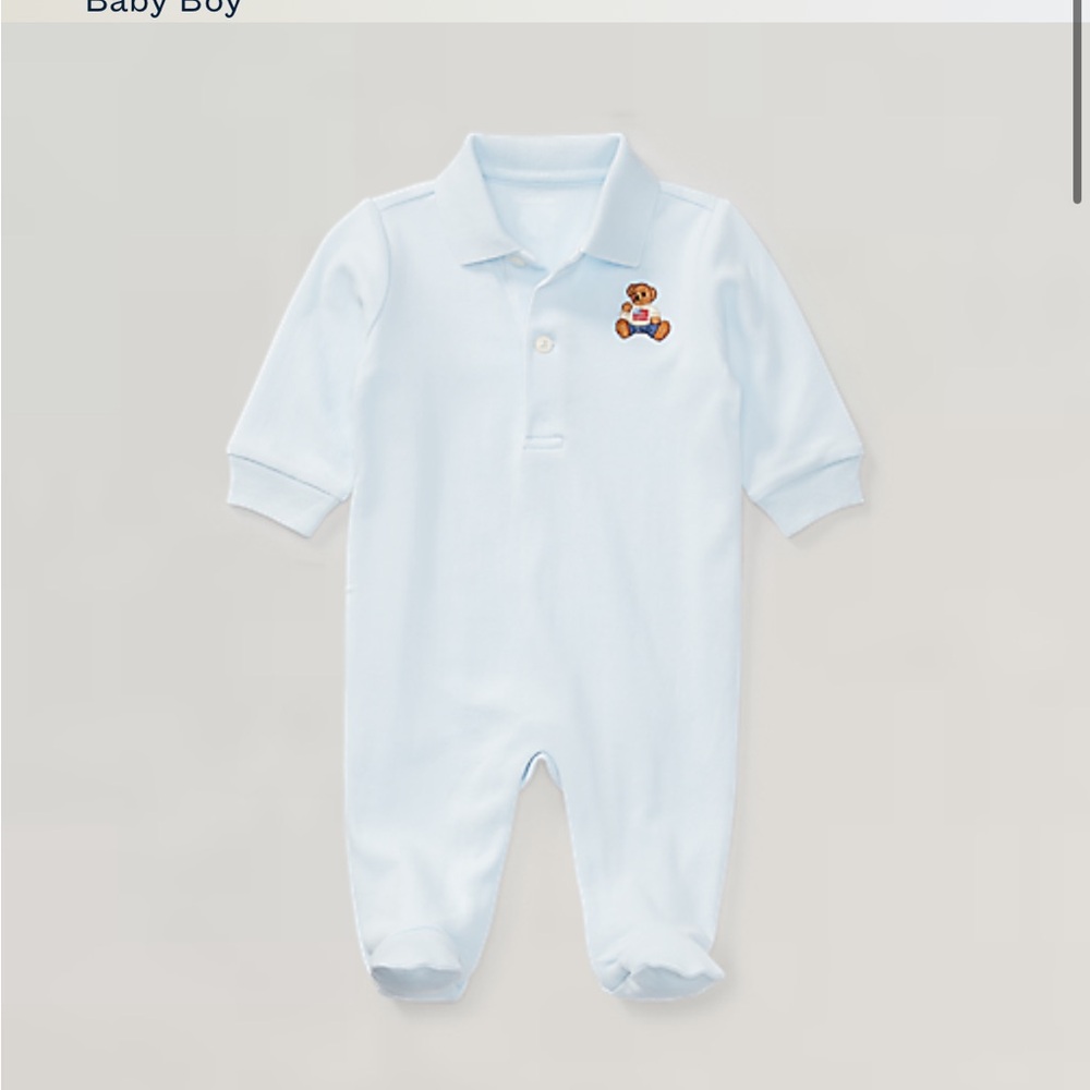 Ralph Lauren Light Blue Polo Footed One-Piece with Teddy Motif